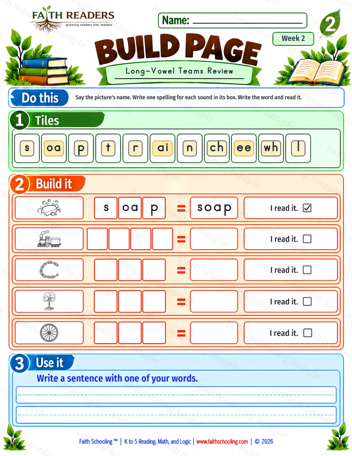 2nd Grade phonics worksheet — Word Building & Unscramble. Build 1: soap, train, chain and tree (free printable)