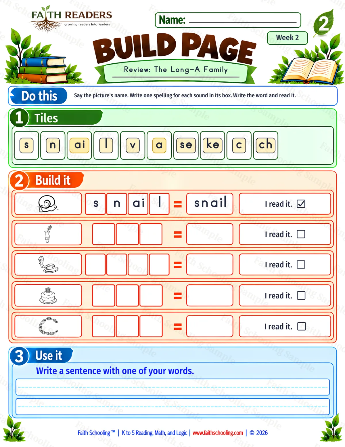 2nd Grade phonics worksheet — Word Building & Unscramble. Build 2: snail, vase, snake and cake (free printable)