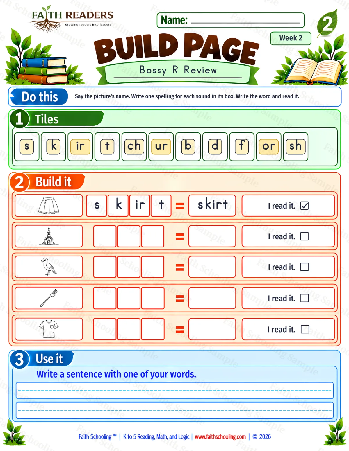 2nd Grade phonics worksheet — Word Building & Unscramble. Build 3: skirt, church, bird and fork (free printable)