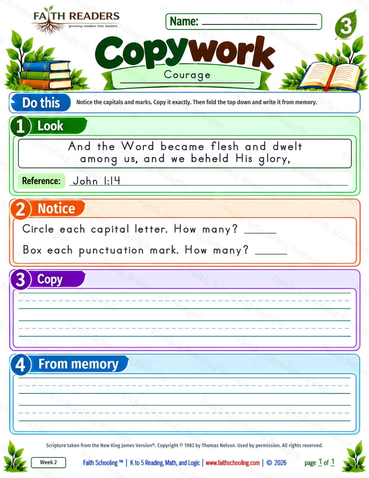 3rd Grade grammar & writing worksheet — Copywork 1: John 1:14 (Courage) (free printable)
