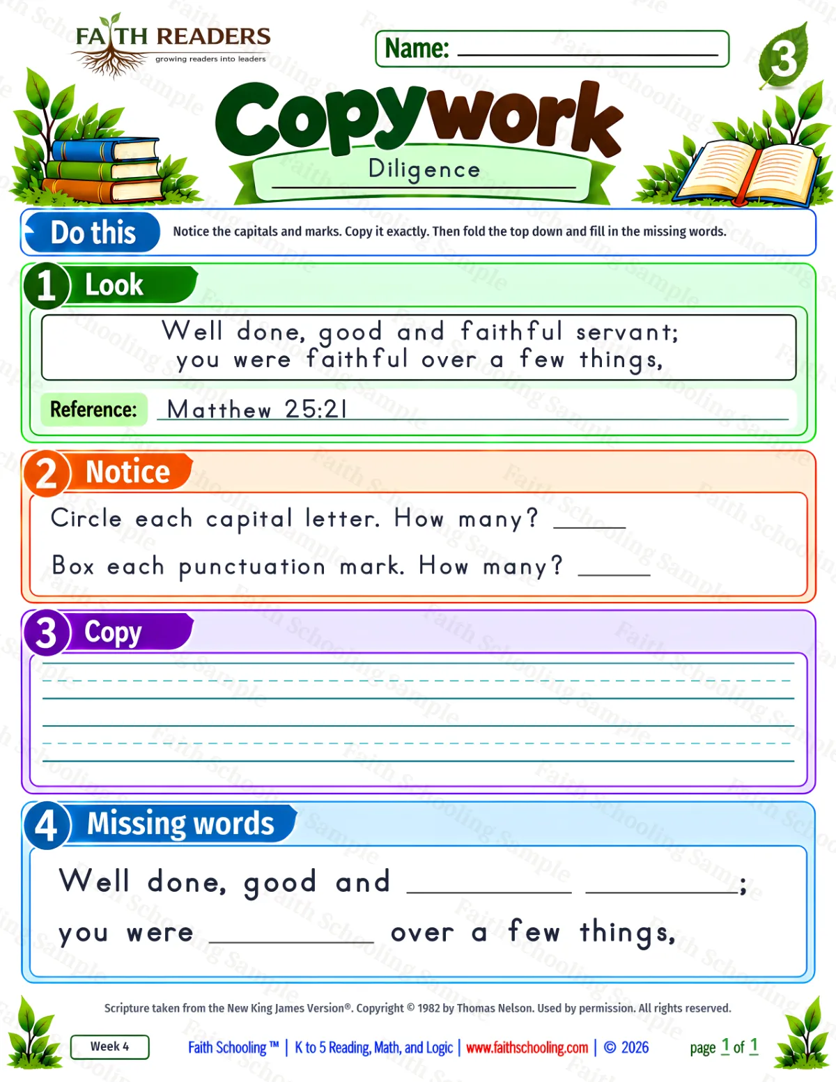 3rd Grade grammar & writing worksheet — Copywork 3: Matthew 25:21 (Diligence) (free printable)