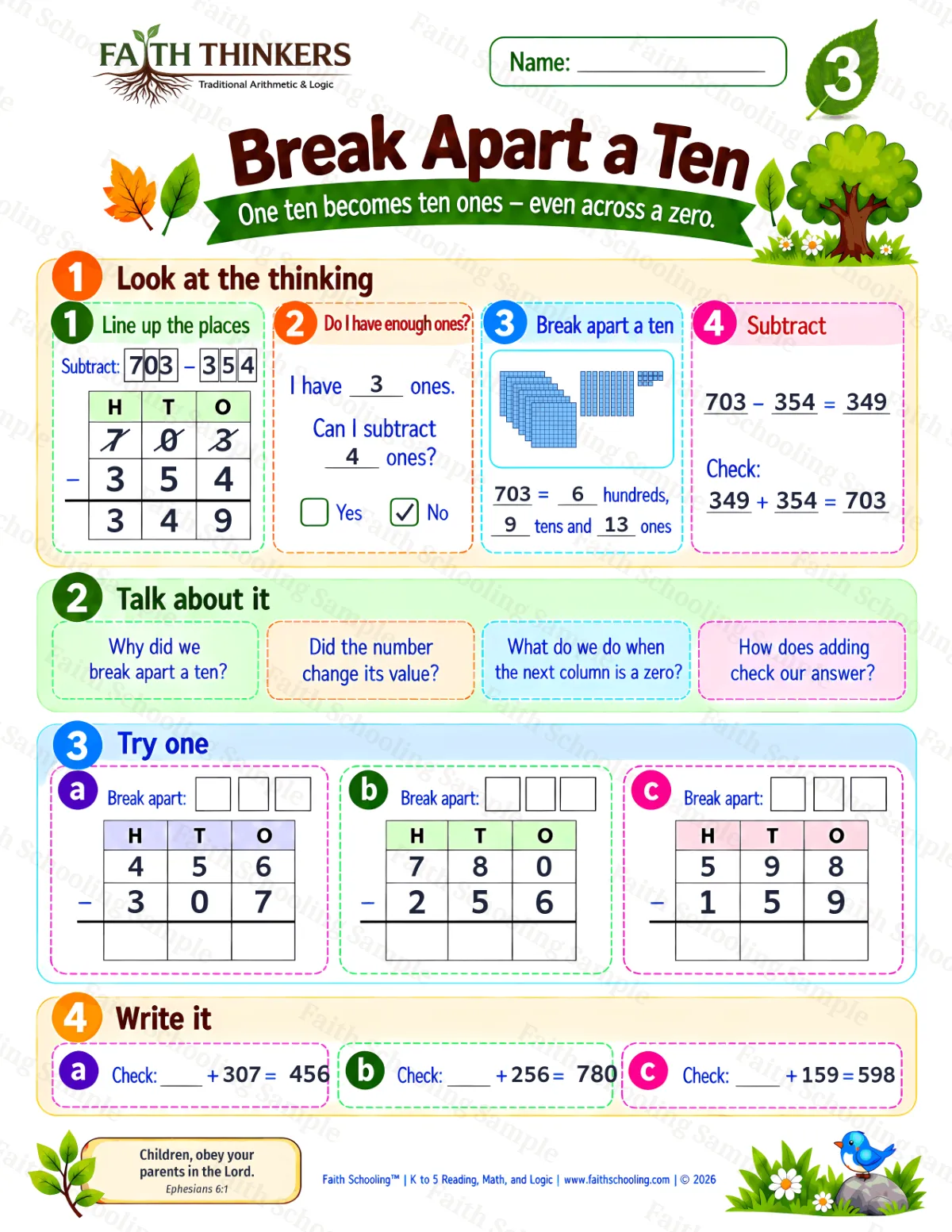 3rd Grade math worksheet — Break Apart A Ten Practice 2 (free printable)