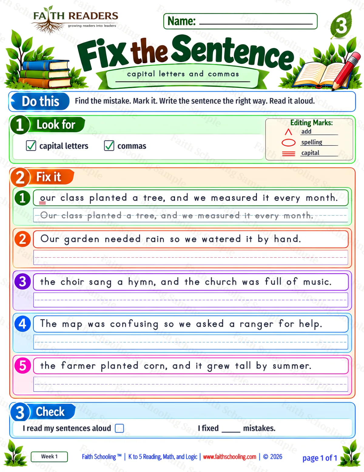 3rd Grade grammar & writing worksheet — Capitalization and Punctuation. Fix The Sentence 1: capital letters and commas (free printable)