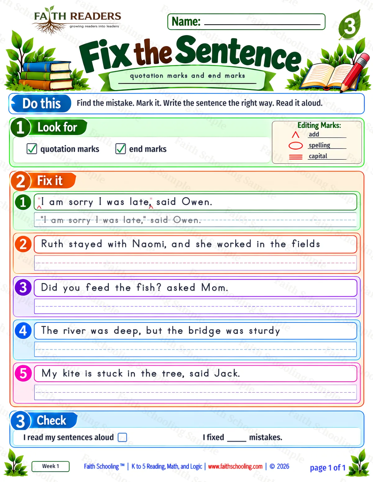 3rd Grade grammar & writing worksheet — Capitalization and Punctuation. Fix The Sentence 2: quotes and end marks (free printable)