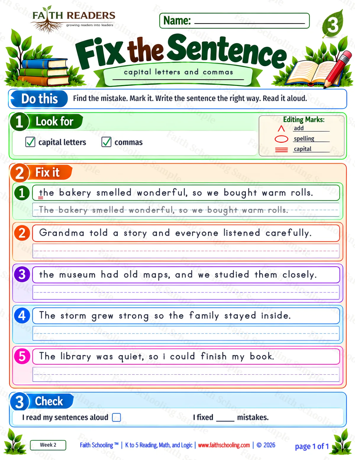3rd Grade grammar & writing worksheet — Capitalization and Punctuation. Fix The Sentence 3: capital letters and commas (free printable)