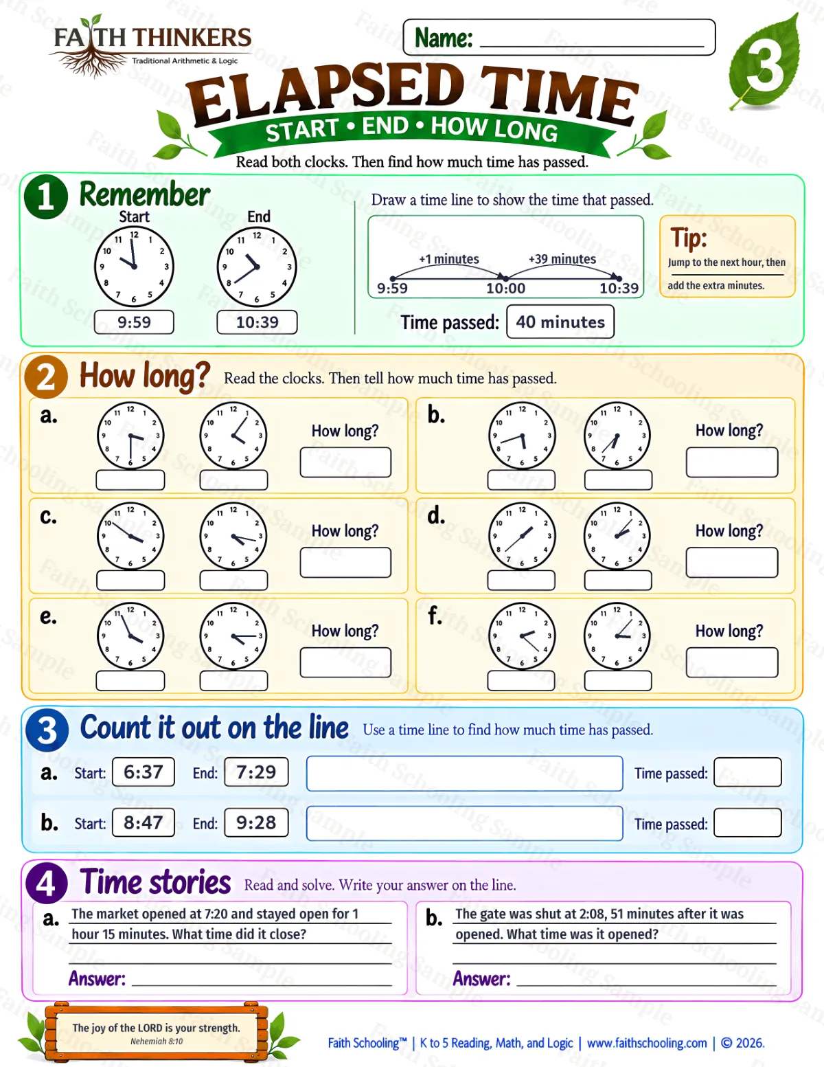 3rd Grade math worksheet — Elapsed Time Practice 3 (free printable)