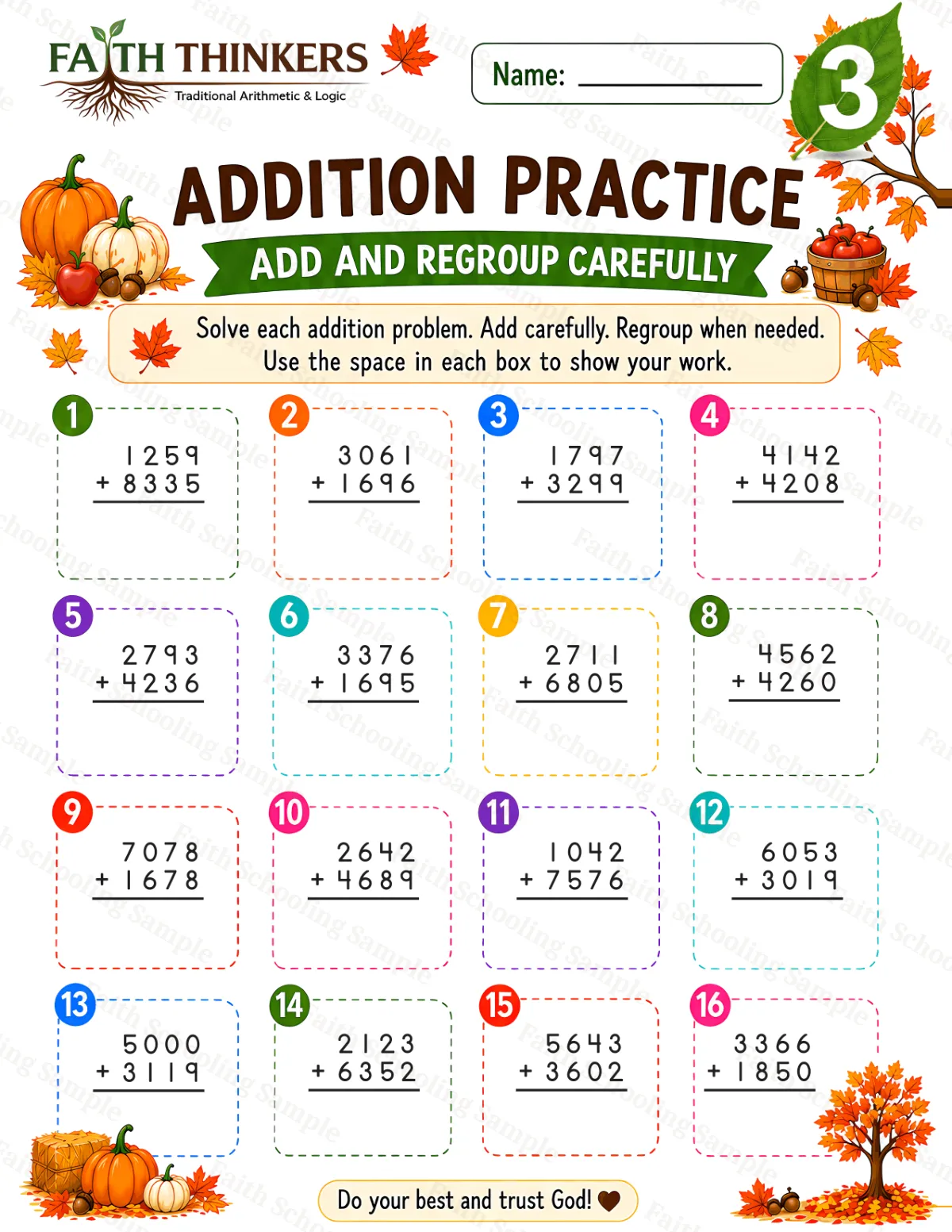 3rd Grade math worksheet — Fall Addition Practice 1 (free printable)