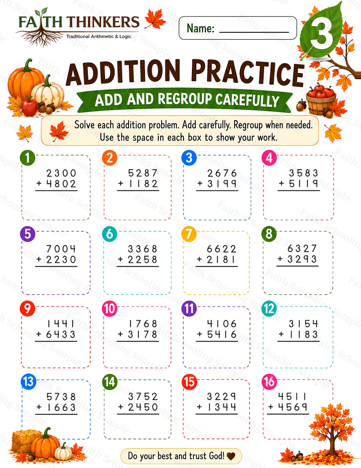 3rd Grade math worksheet — Fall Addition Practice 2 (free printable)