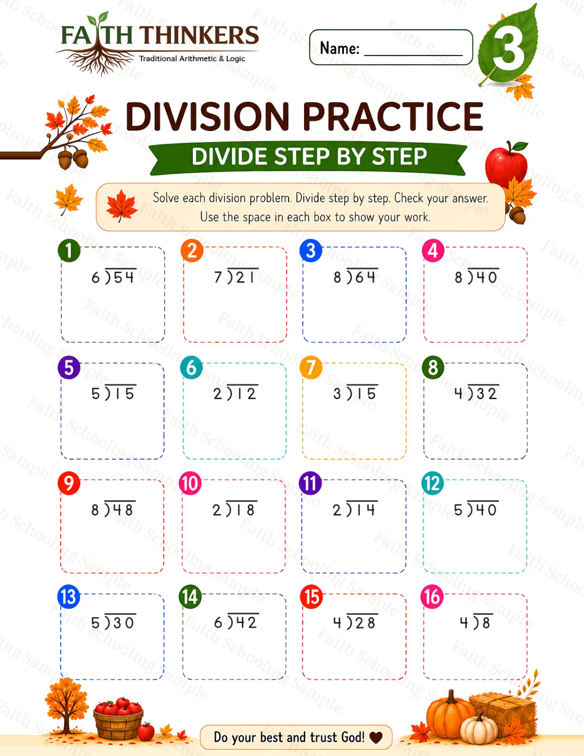 3rd Grade math worksheet — Fall Division Practice 3 (free printable)