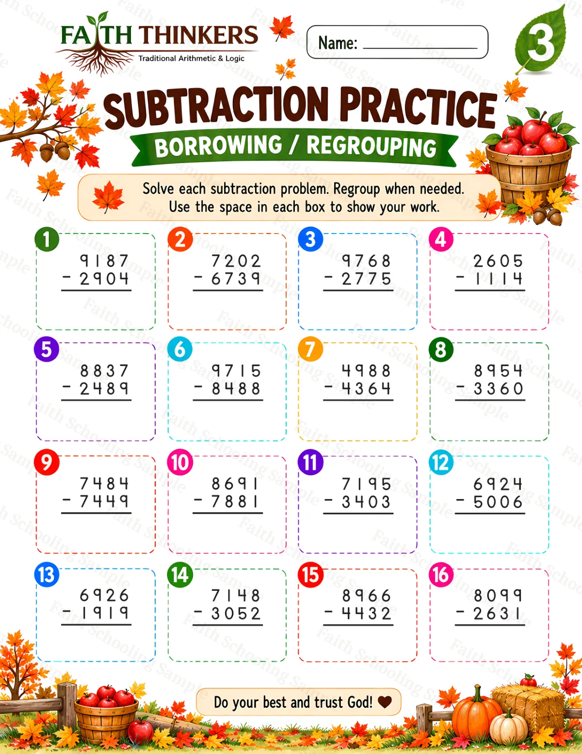 3rd Grade math worksheet — Fall Subtraction Practice 1 (free printable)