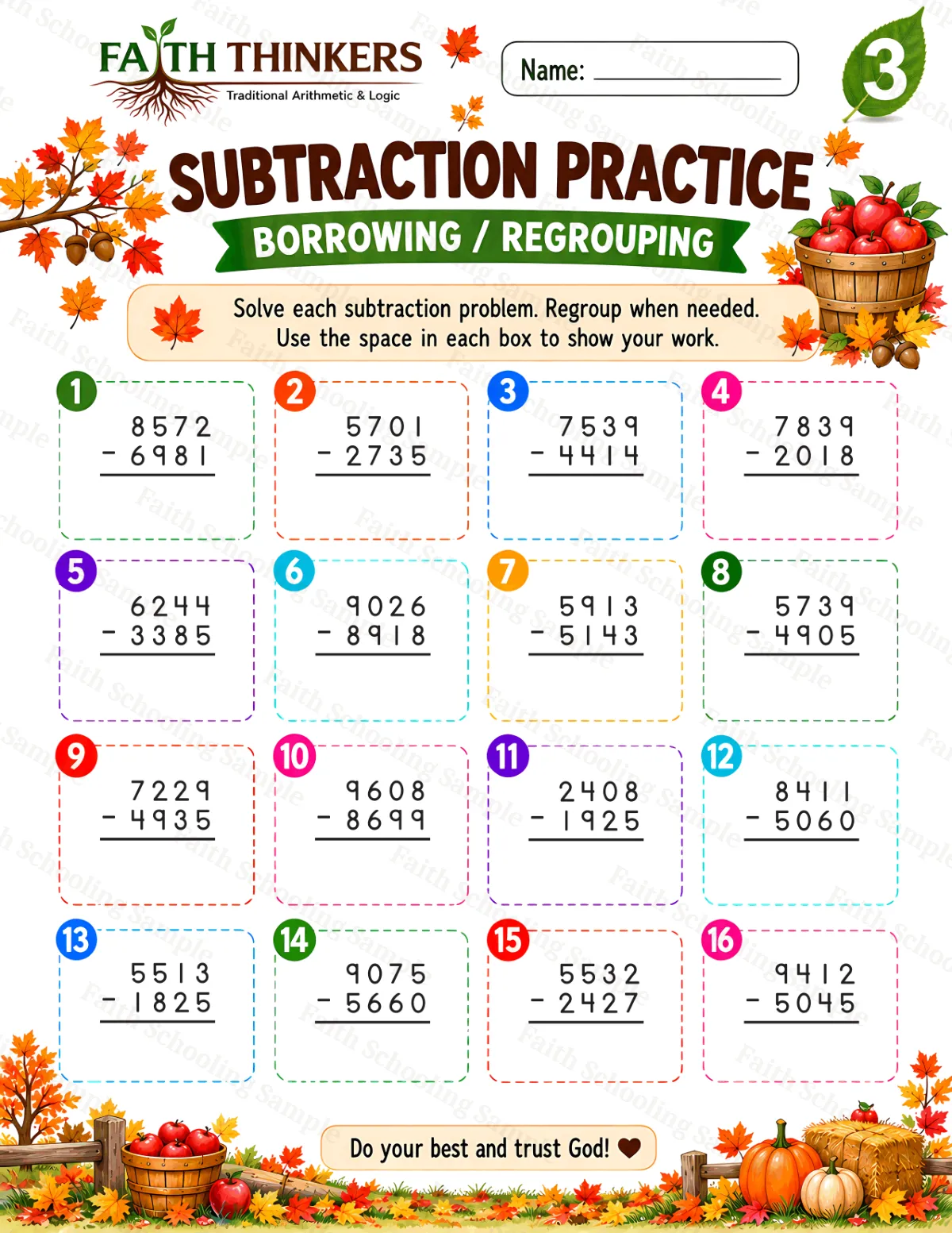 3rd Grade math worksheet — Fall Subtraction Practice 2 (free printable)