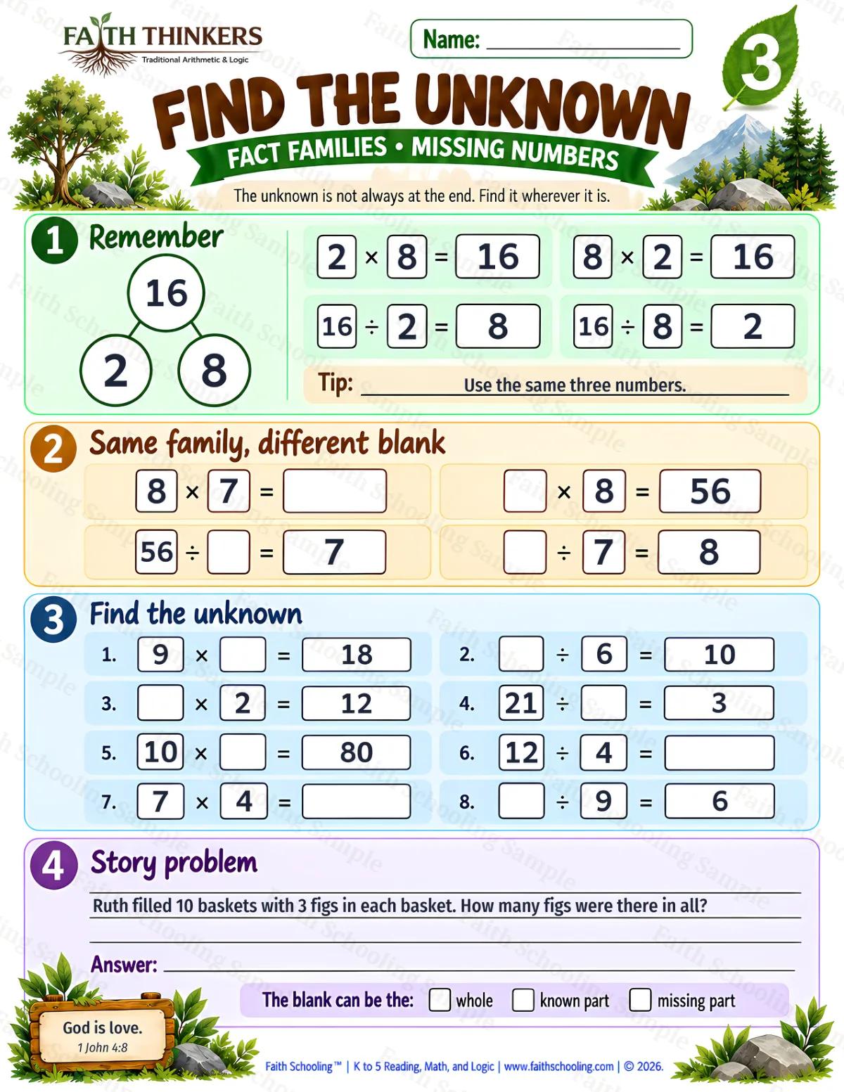 3rd Grade math worksheet — Find The Unknown Practice 1 (free printable)