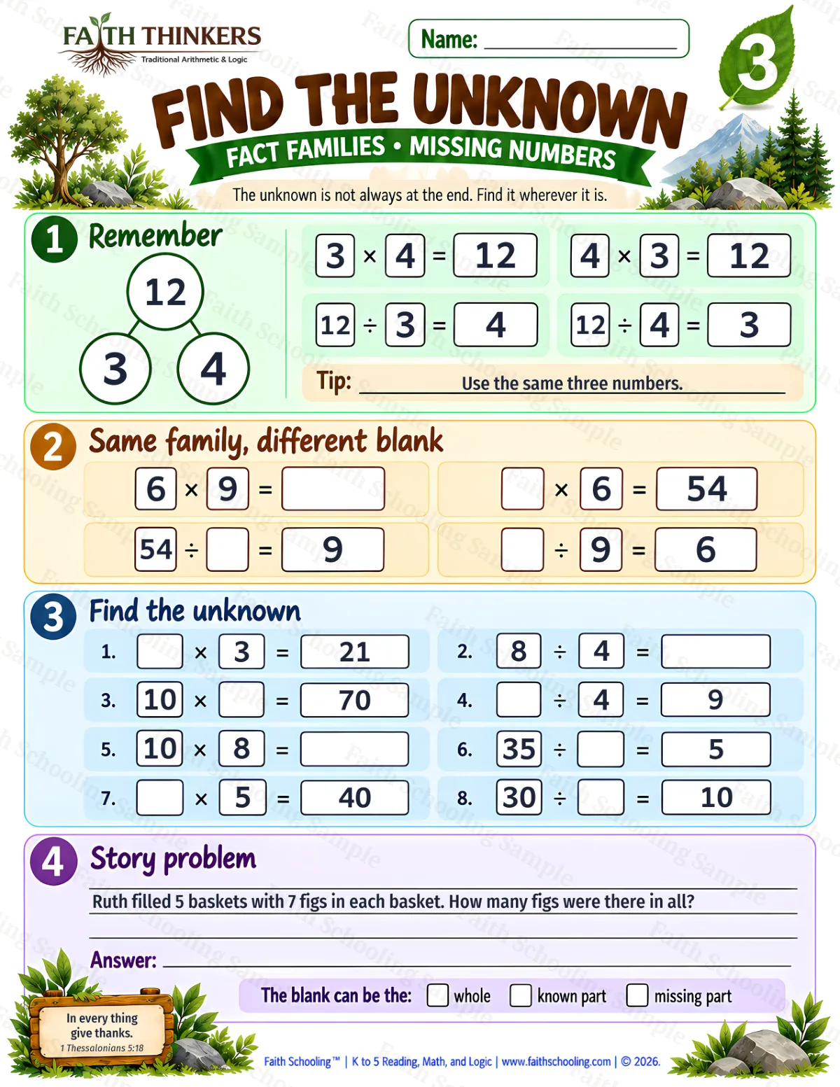 3rd Grade math worksheet — Find The Unknown Practice 2 (free printable)