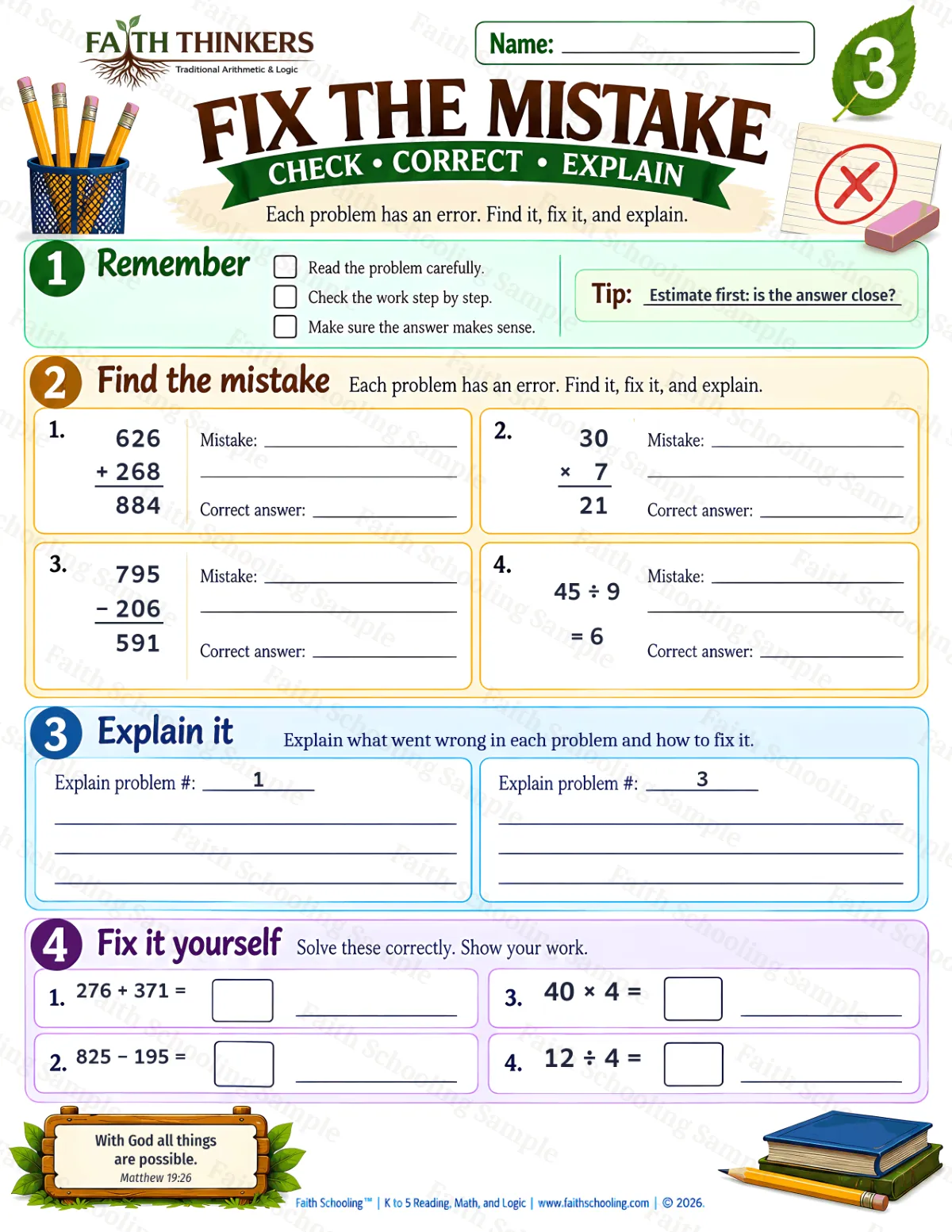 3rd Grade math worksheet — Fix The Mistake Practice 3 (free printable)