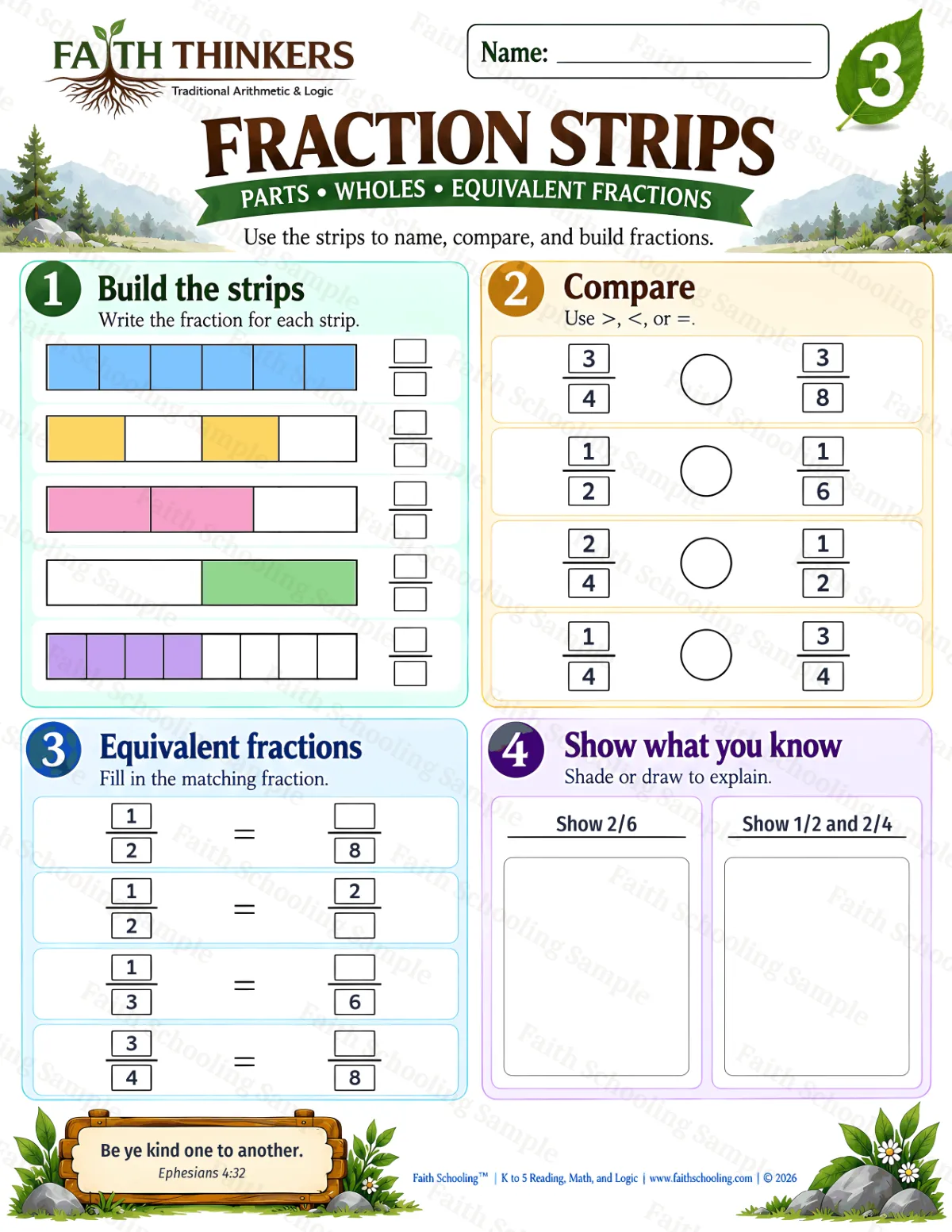 3rd Grade math worksheet — Fractions Practice 1 (free printable)