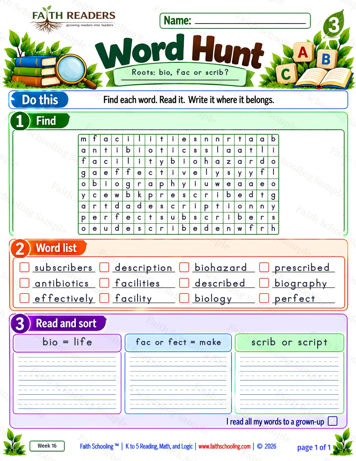 3rd Grade vocabulary & word study worksheet — Greek Root: bio = life. Word Hunt 1: bio, fac and scrib (free printable)