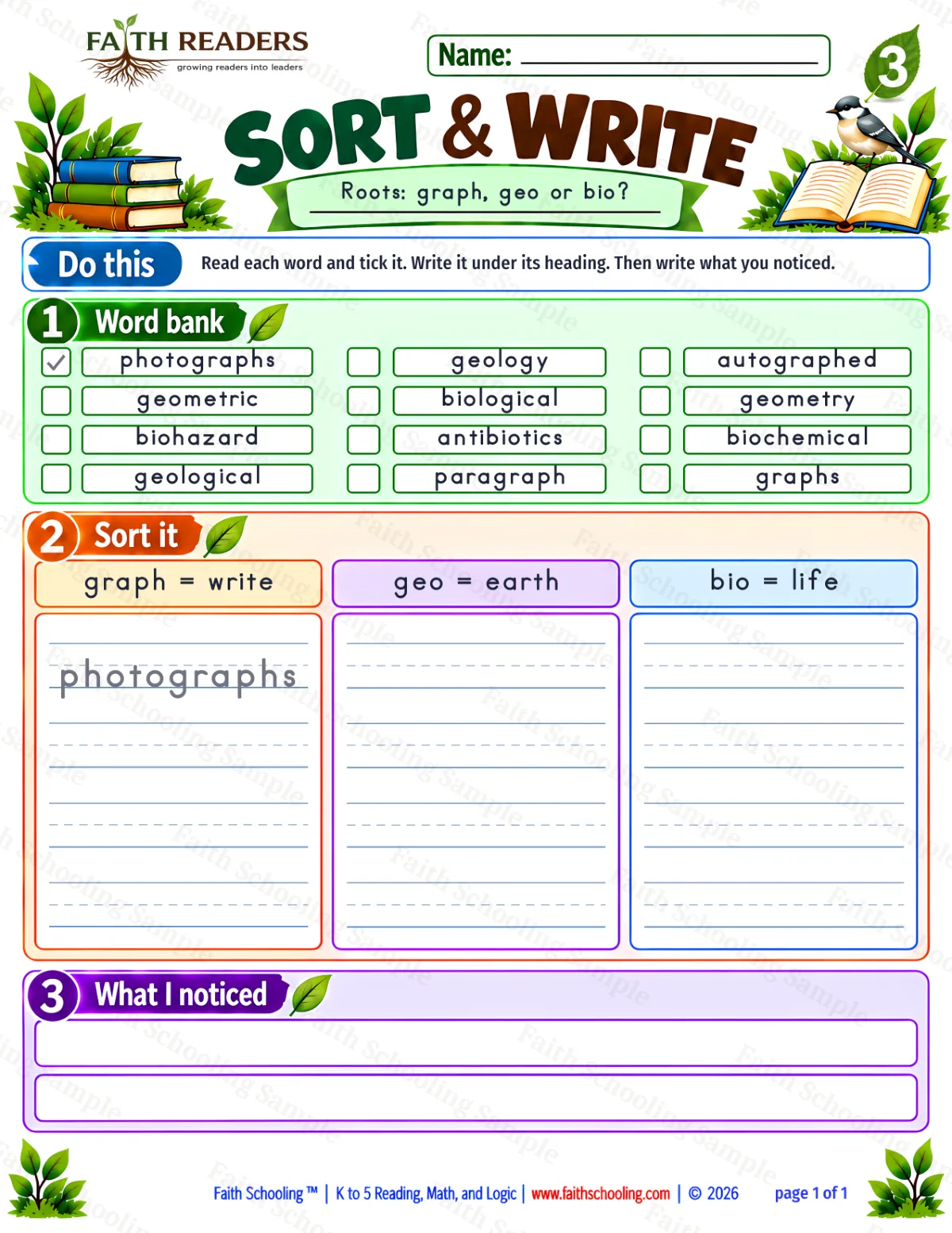 3rd Grade vocabulary & word study worksheet — Greek Root: graph = write, draw. Sort And Write 1: graph, geo and bio (free printable)