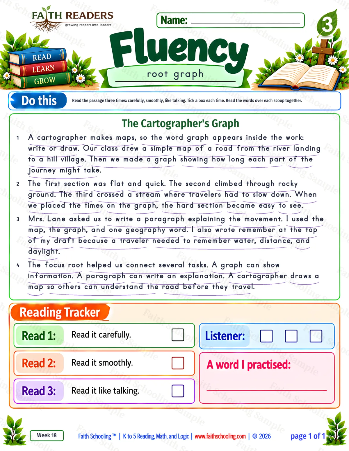 3rd Grade vocabulary & word study worksheet — Greek Root: graph = write, draw. Fluency 1 (free printable)