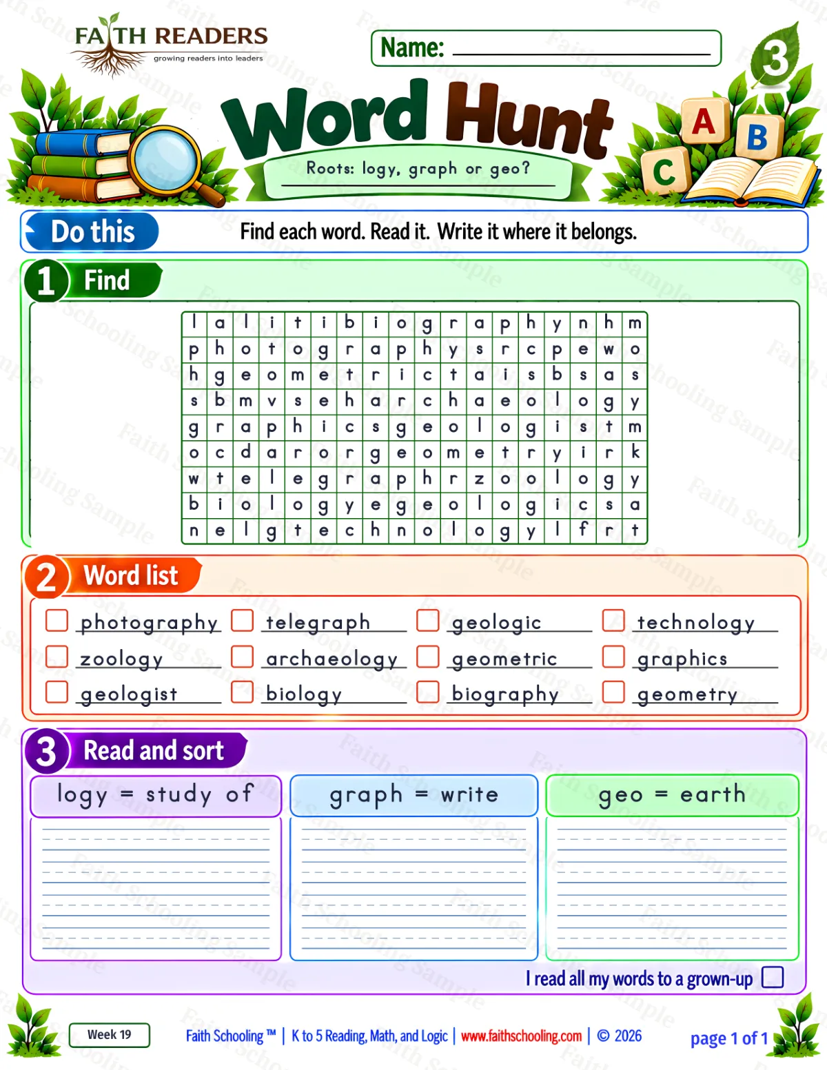 3rd Grade vocabulary & word study worksheet — Greek Root: -logy = the study of. Word Hunt 1: logy, graph and geo (free printable)