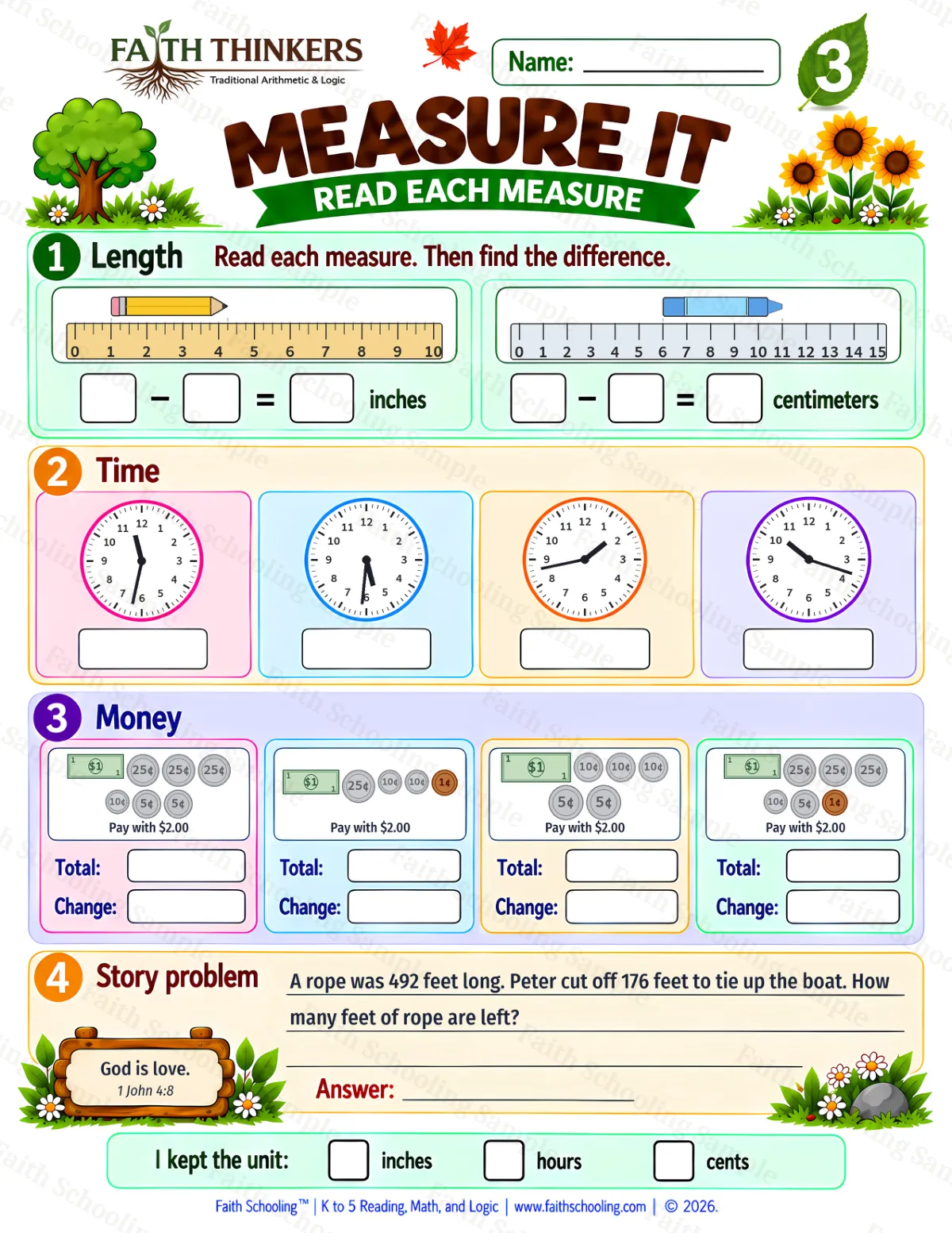3rd Grade math worksheet — Measurement Practice 3 (free printable)