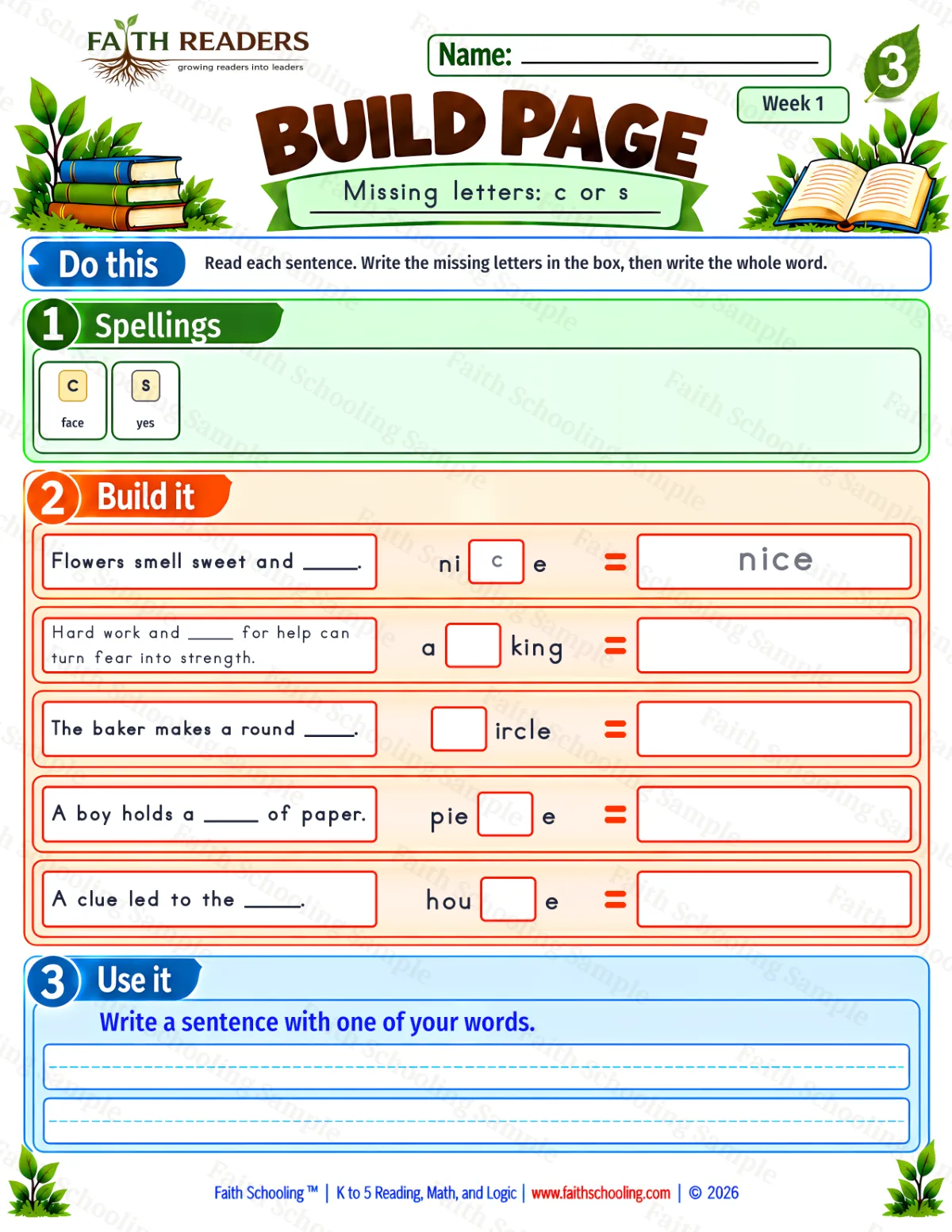 3rd Grade phonics worksheet — Missing & Hidden Letters. Build 1: c or s (free printable)