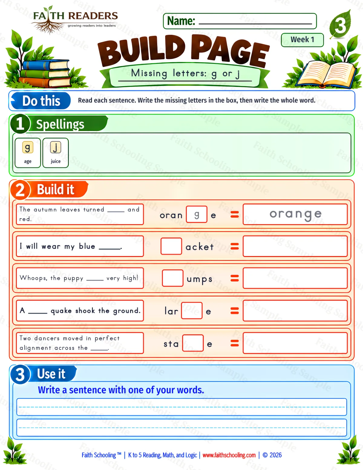 3rd Grade phonics worksheet — Missing & Hidden Letters. Build 2: g or j (free printable)
