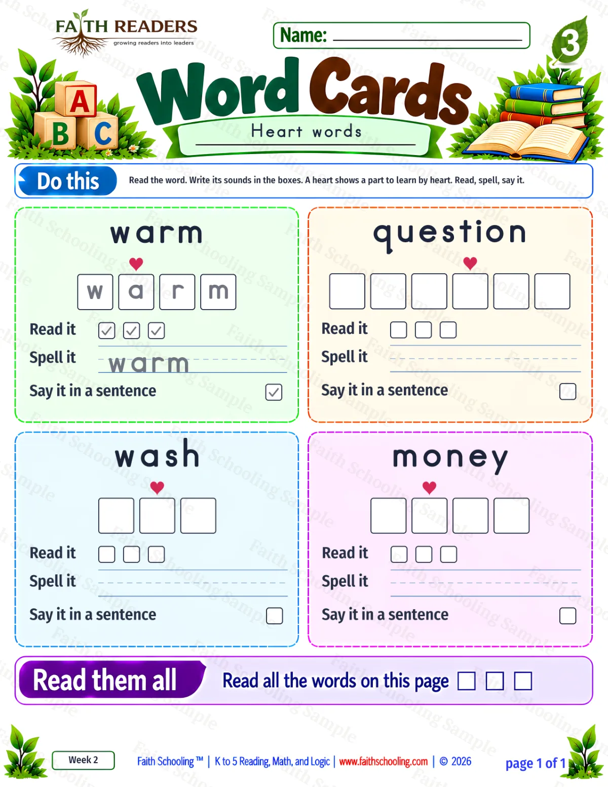 3rd Grade phonics worksheet — Phonics & Sight Words. Word Cards 1: warm, question, wash and money (free printable)