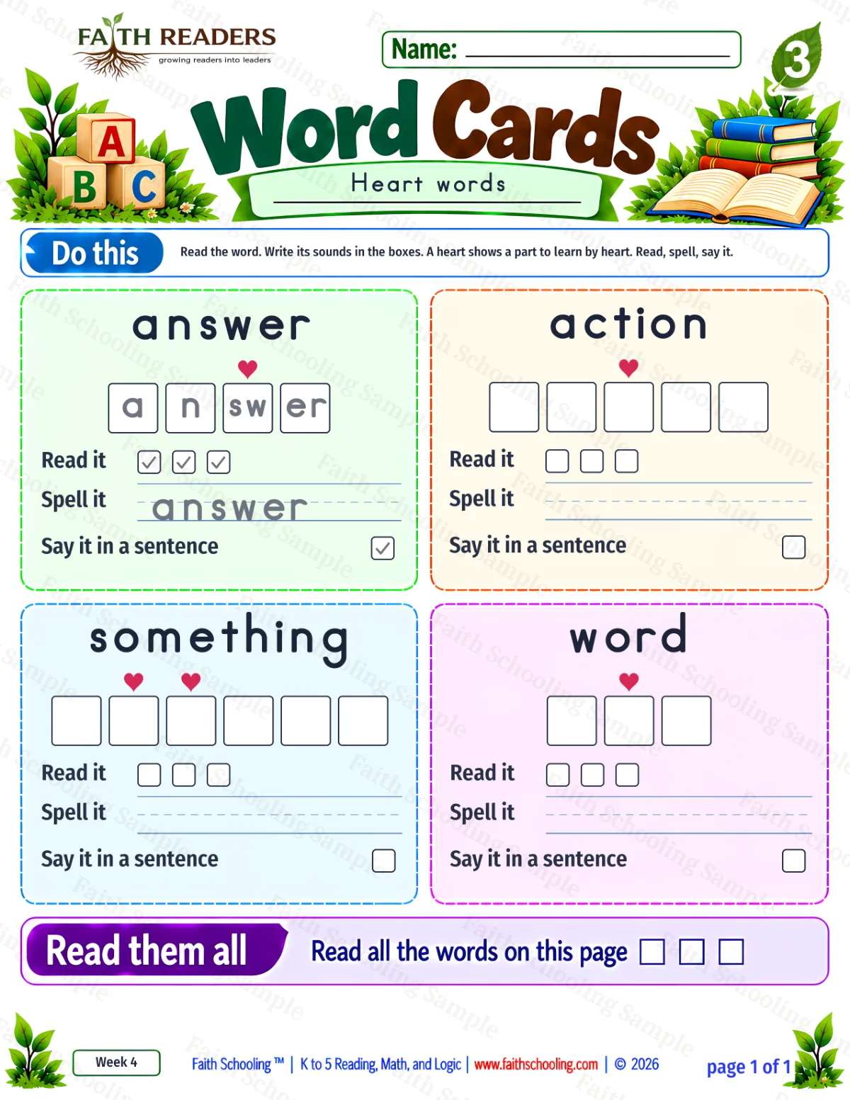 3rd Grade phonics worksheet — Phonics & Sight Words. Word Cards 2: answer, action, something and word (free printable)