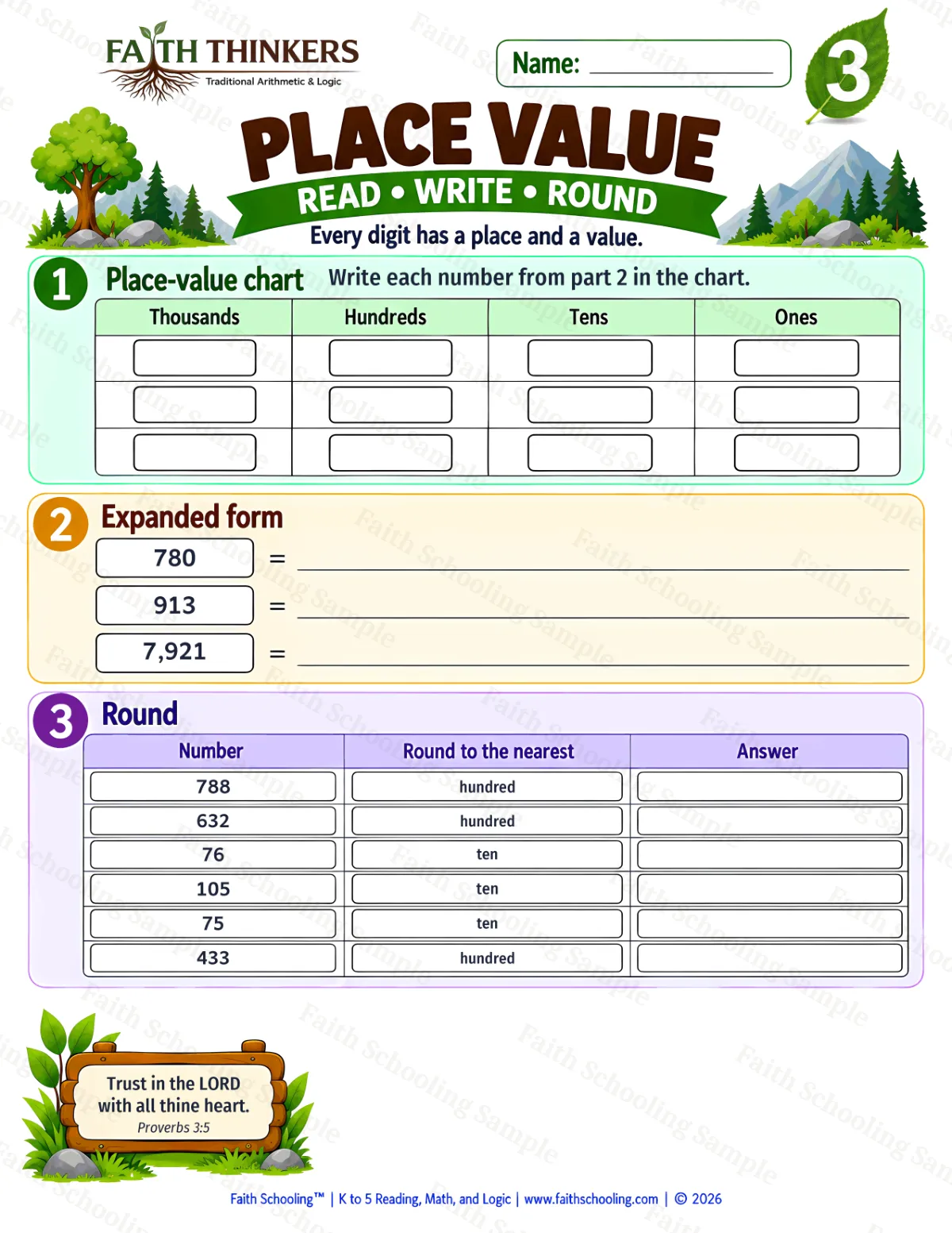 3rd Grade math worksheet — Place Value Practice 1 (free printable)