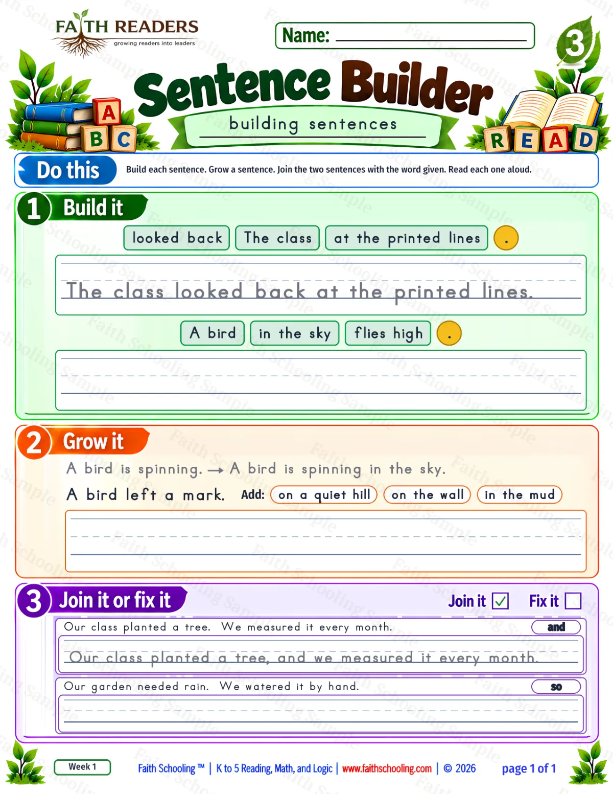 3rd Grade grammar & writing worksheet — Sentence Building. Sentence Builder 1: The class looked back at the printed lines. (free printable)