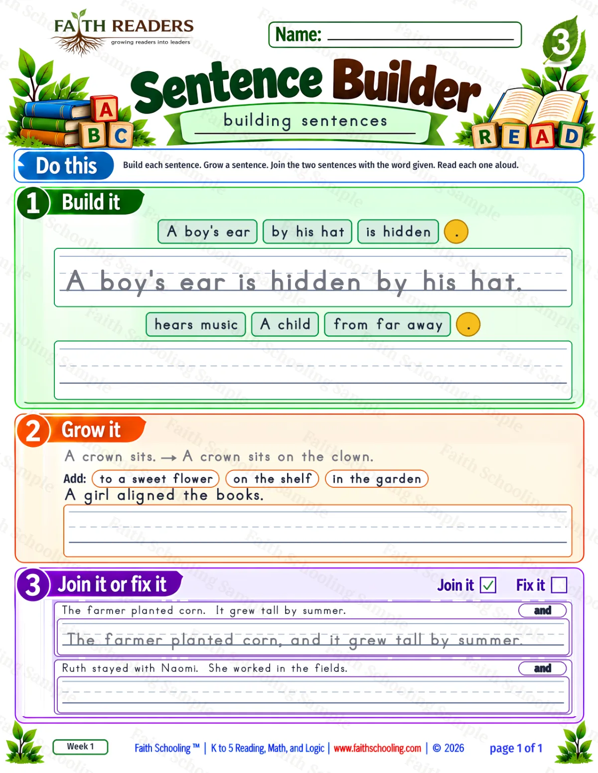 3rd Grade grammar & writing worksheet — Sentence Building. Sentence Builder 3: A boy's ear is hidden by his hat. (free printable)