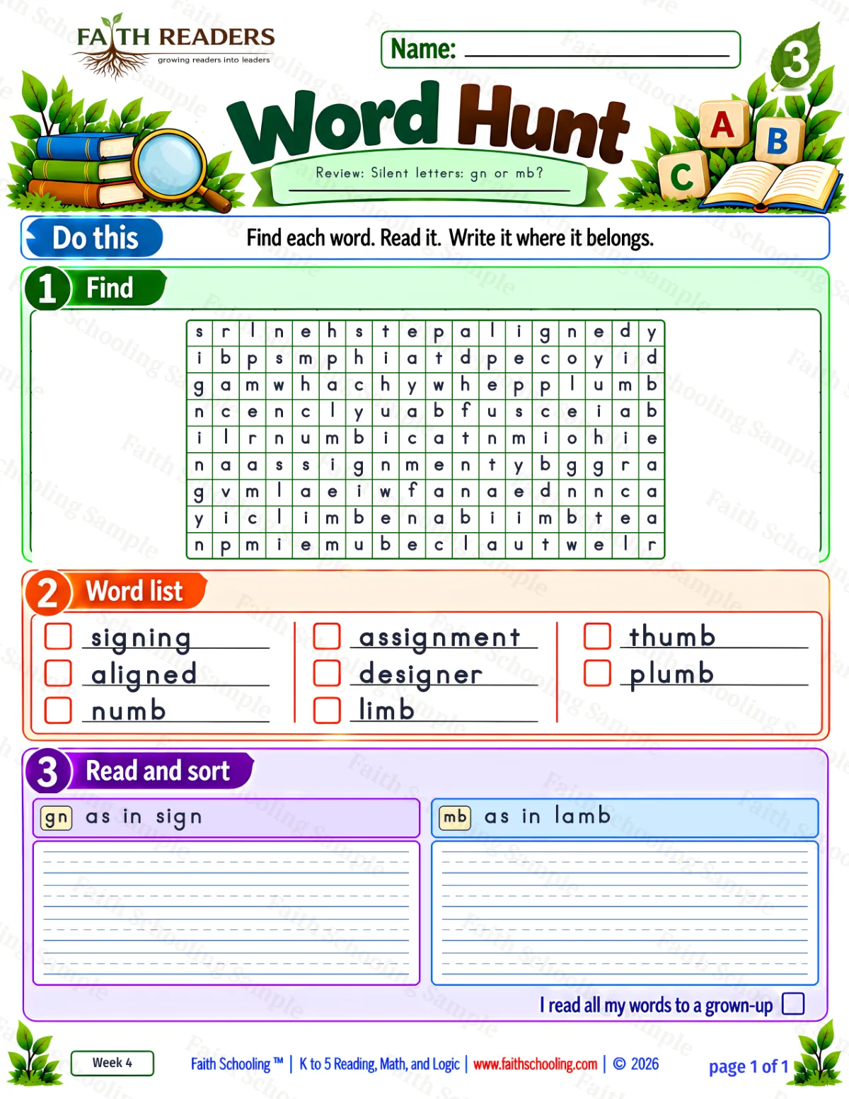 3rd Grade phonics worksheet — Word Hunt 1: The Silent G — gn (free printable)