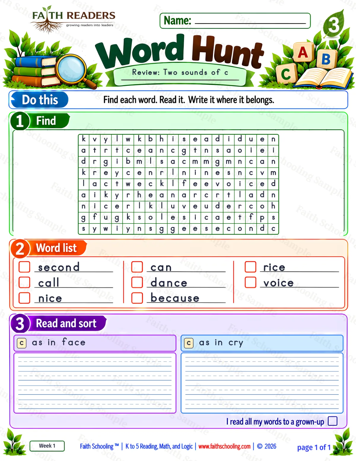 3rd Grade phonics worksheet — Word Hunt 1: The Soft C (free printable)