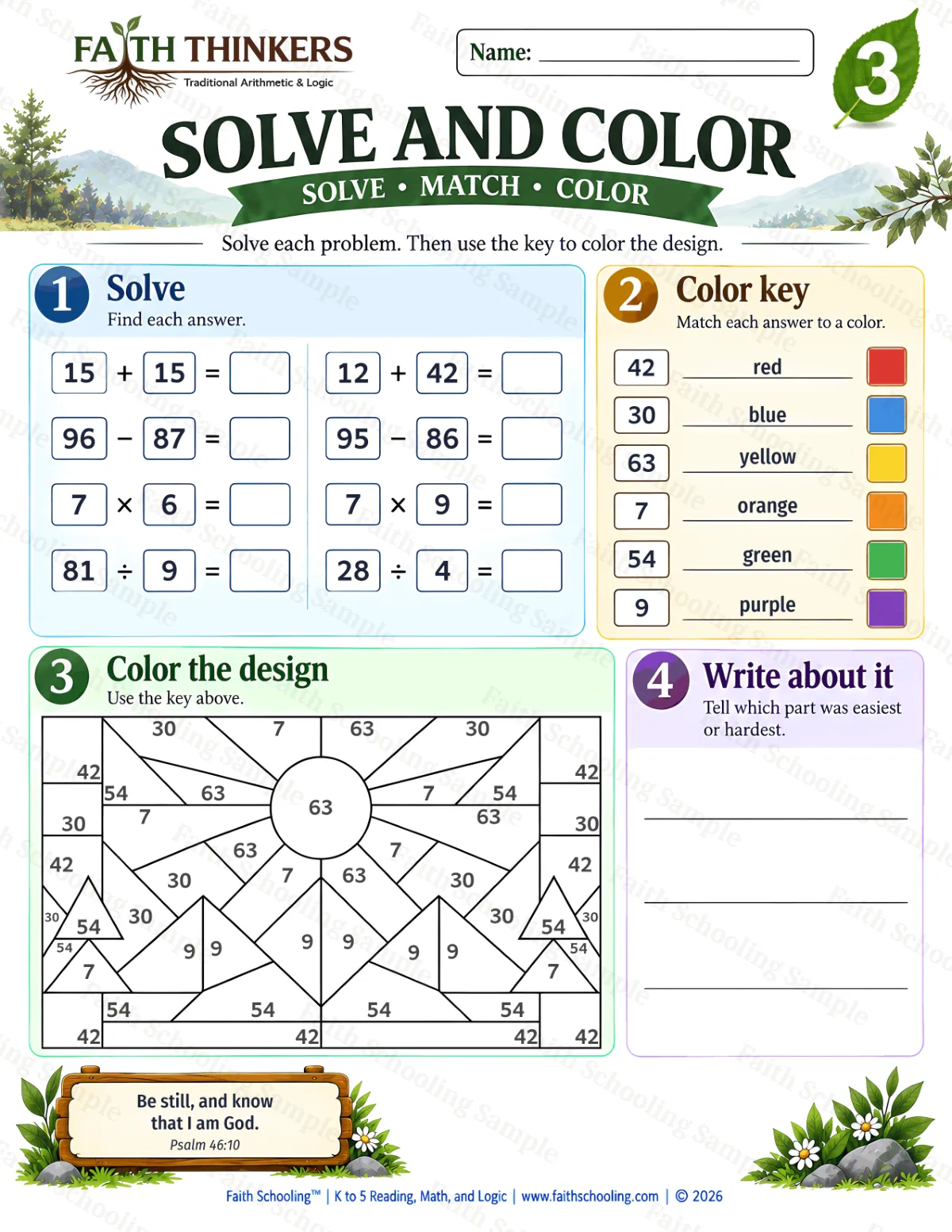 3rd Grade math worksheet — Solve And Color Practice 1 (free printable)