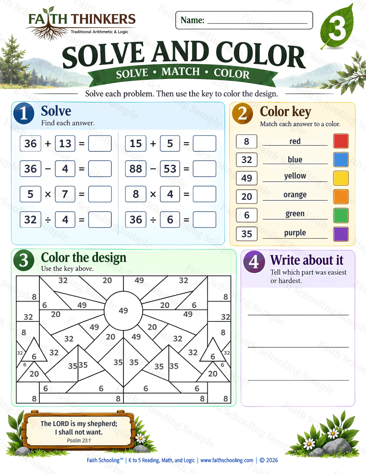 3rd Grade math worksheet — Solve And Color Practice 3 (free printable)