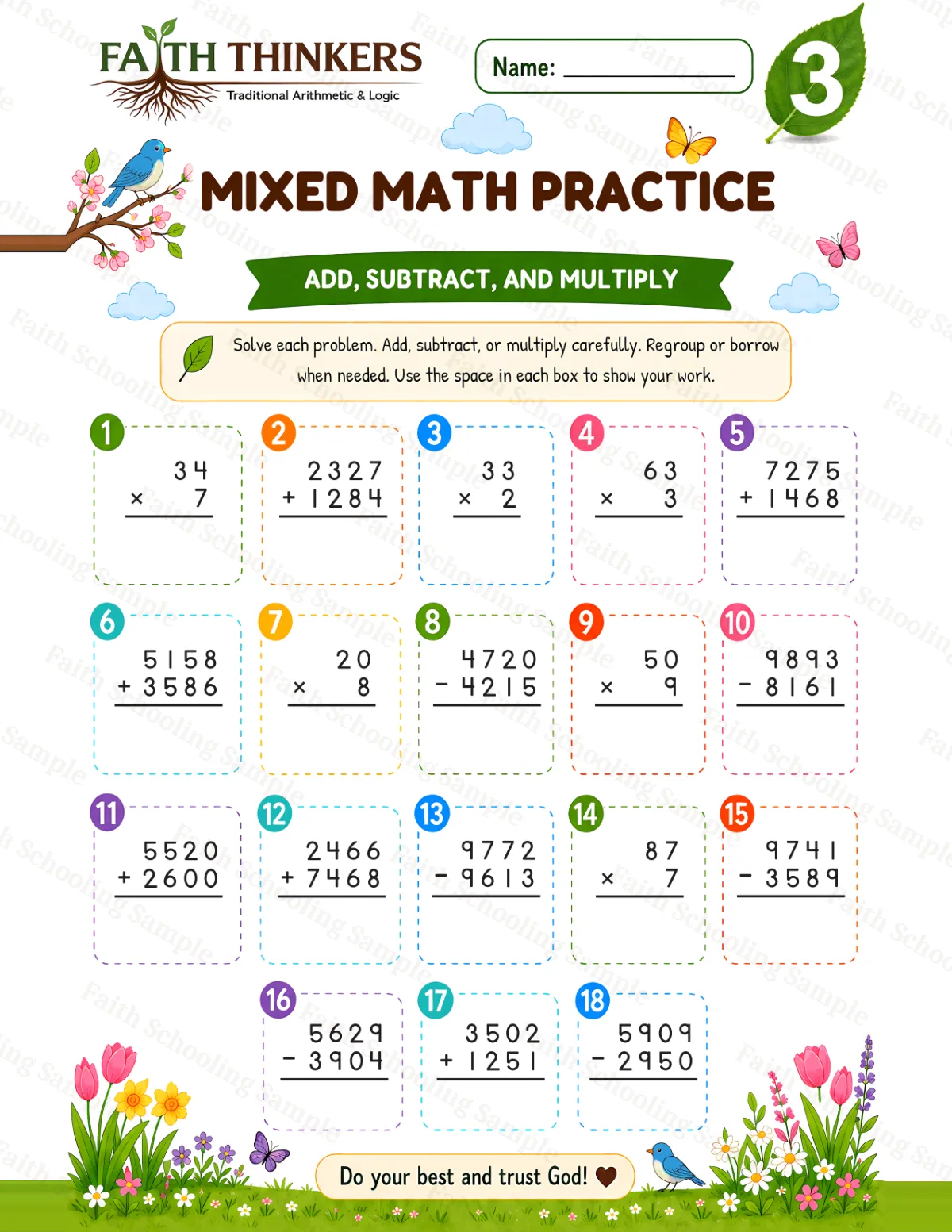 3rd Grade math worksheet — Spring Mixed Practice 1 (free printable)