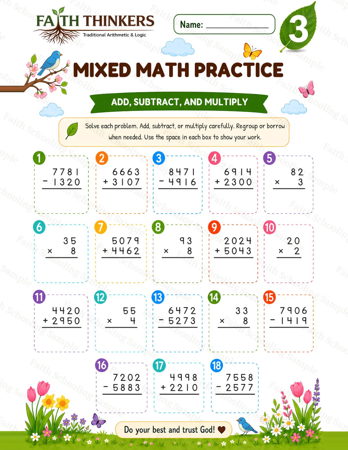 3rd Grade math worksheet — Spring Mixed Practice 3 (free printable)