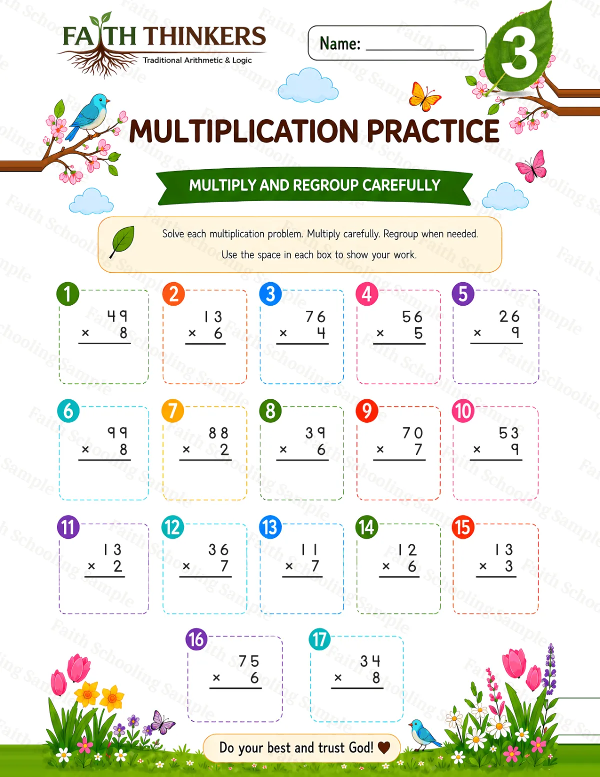 3rd Grade math worksheet — Spring Multiplication Practice 1 (free printable)