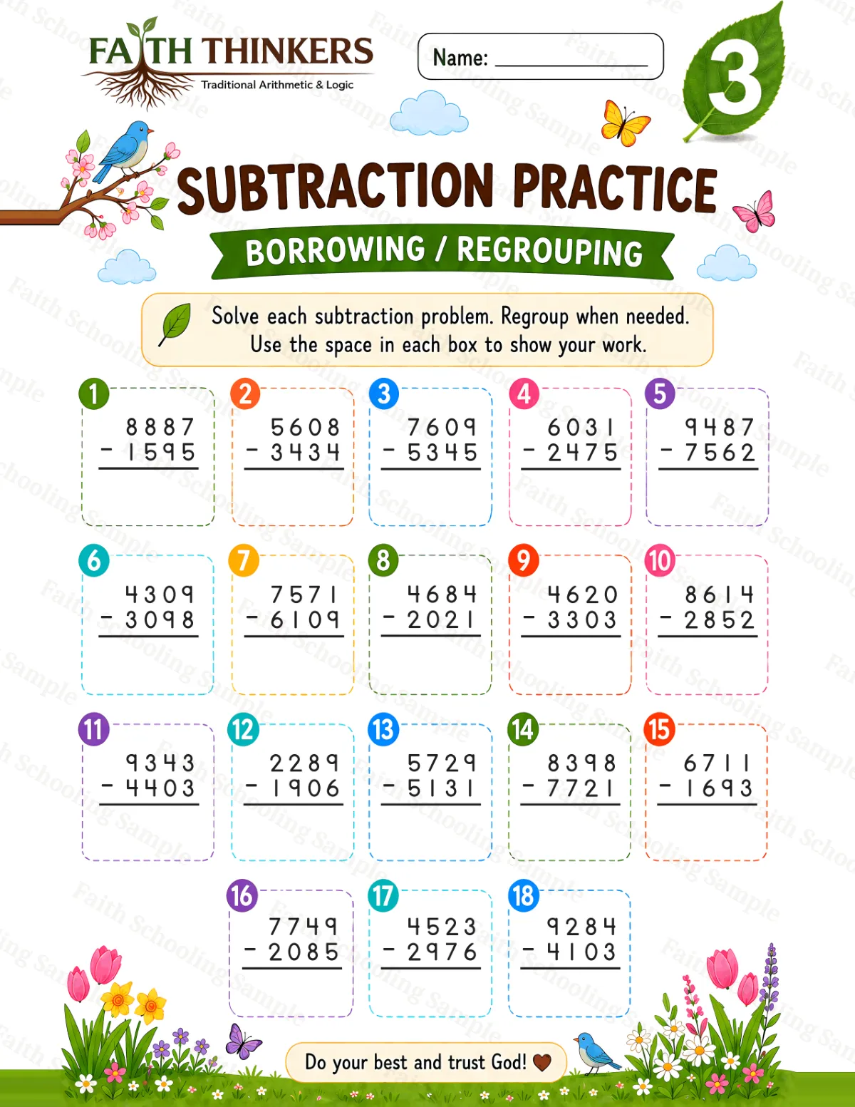 3rd Grade math worksheet — Spring Subtraction Practice 3 (free printable)