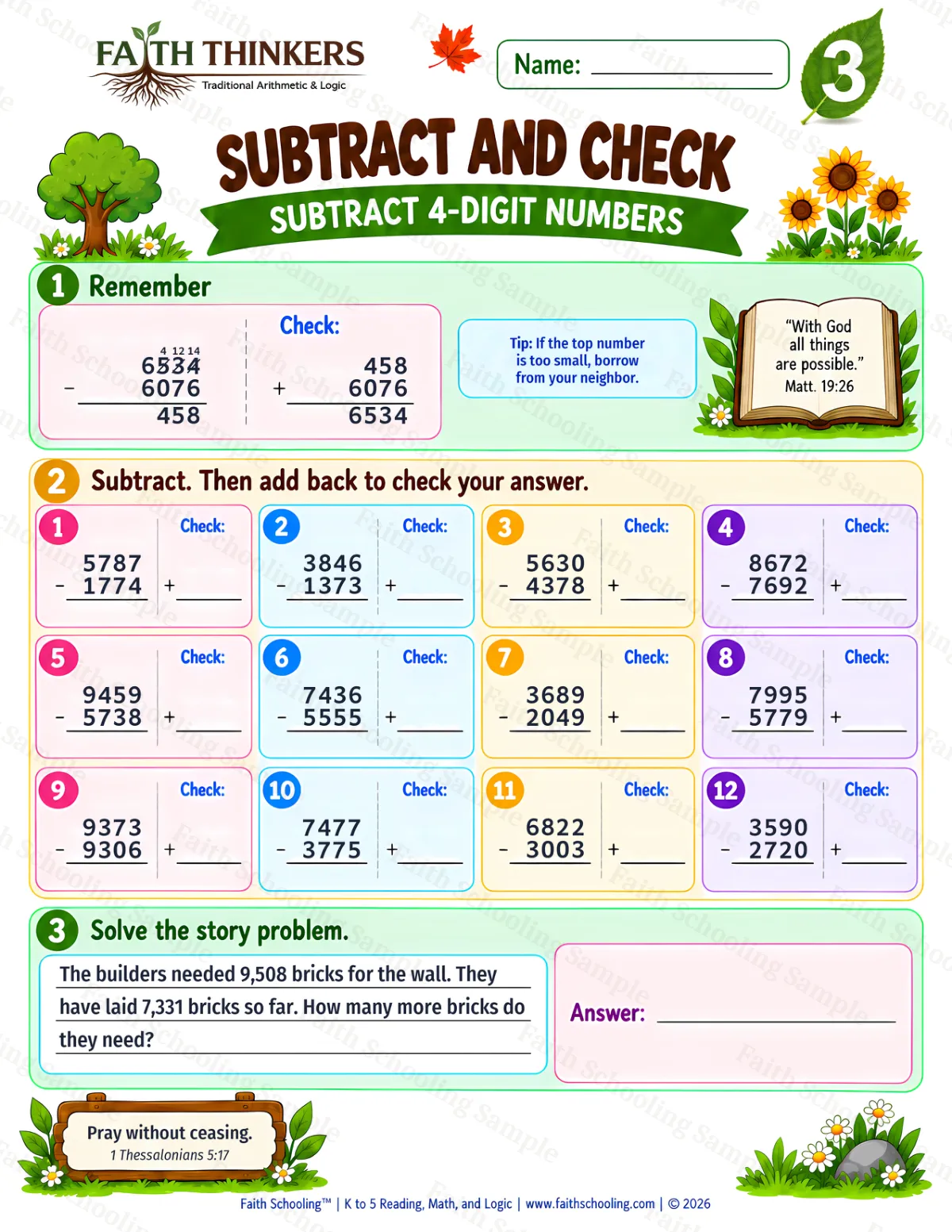 3rd Grade math worksheet — Subtraction with Regrouping Practice 3 (free printable)