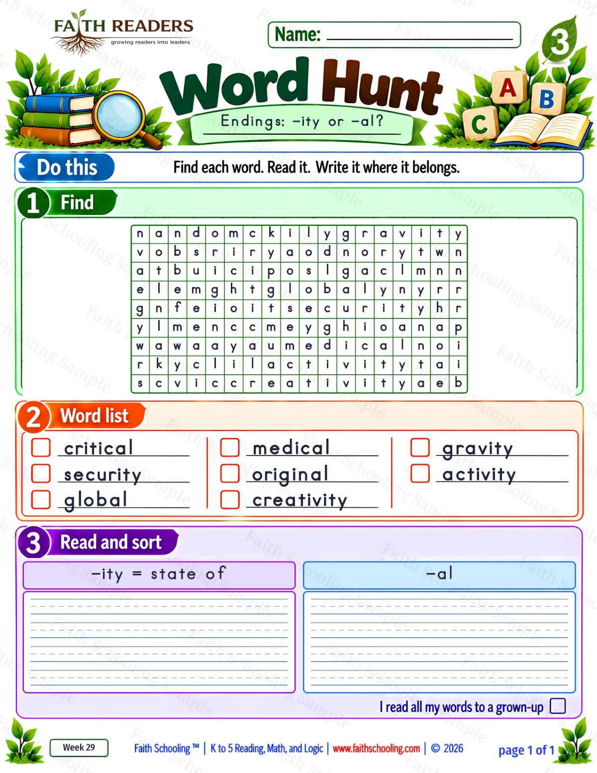 3rd Grade vocabulary & word study worksheet — Suffix -ity. Word Hunt 1: -ity and -al (free printable)