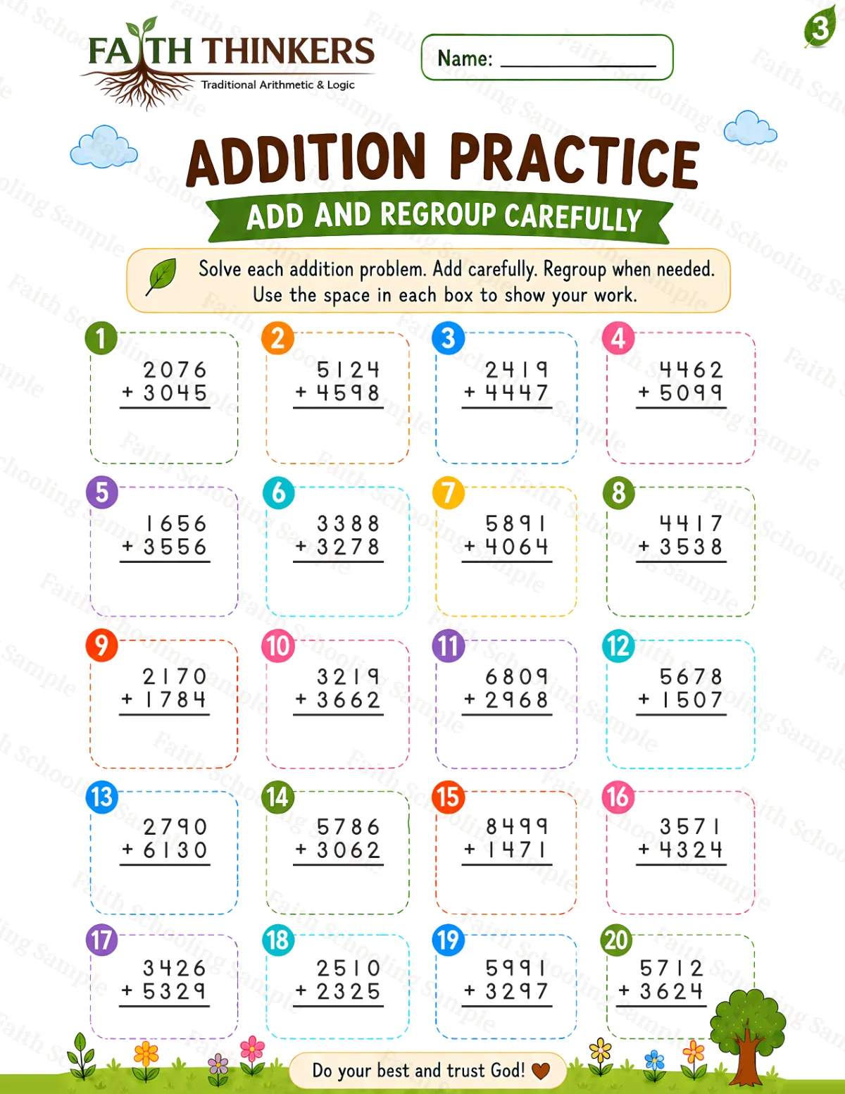 3rd Grade math worksheet — Summer Addition Practice 2 (free printable)