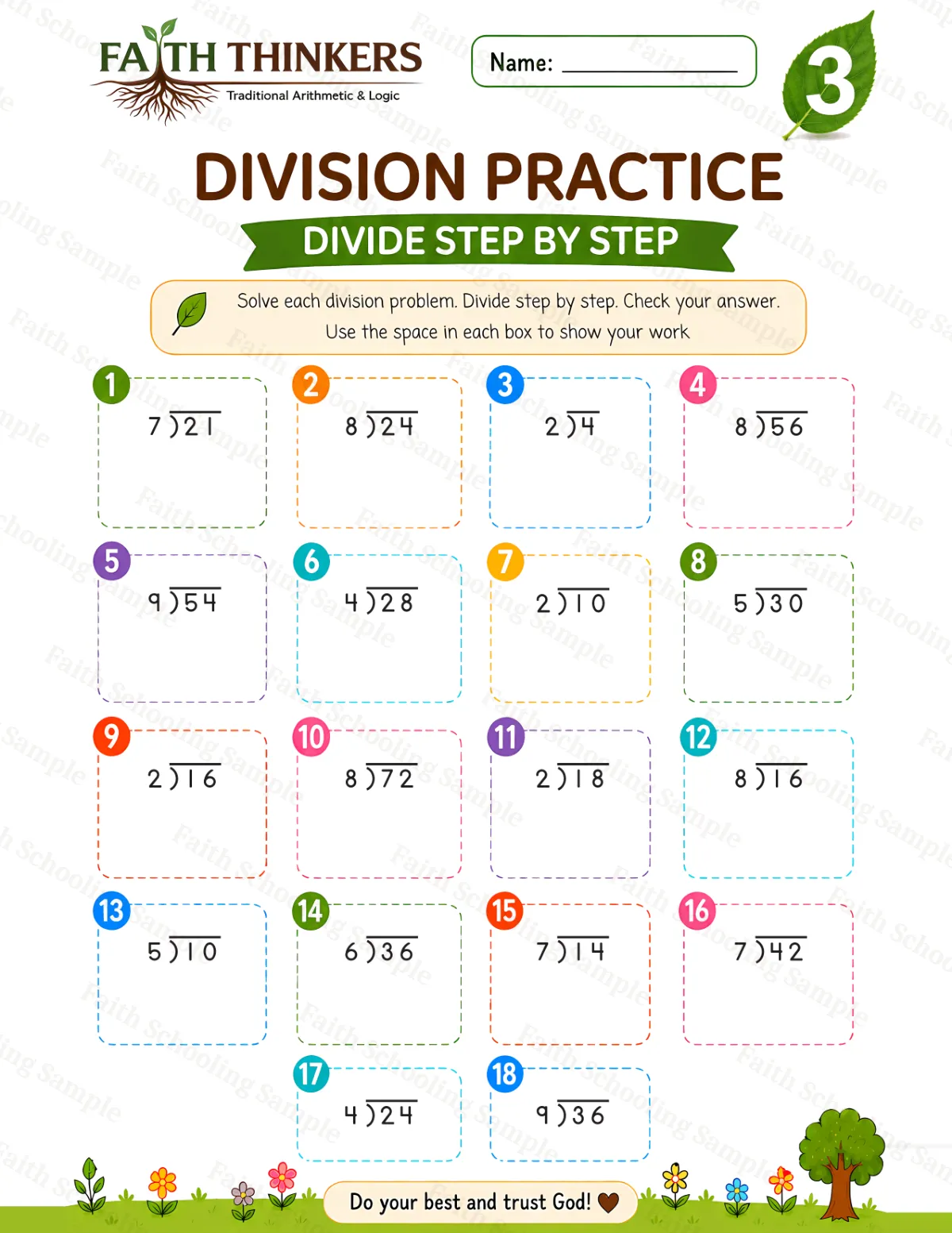 3rd Grade math worksheet — Summer Division Practice 1 (free printable)