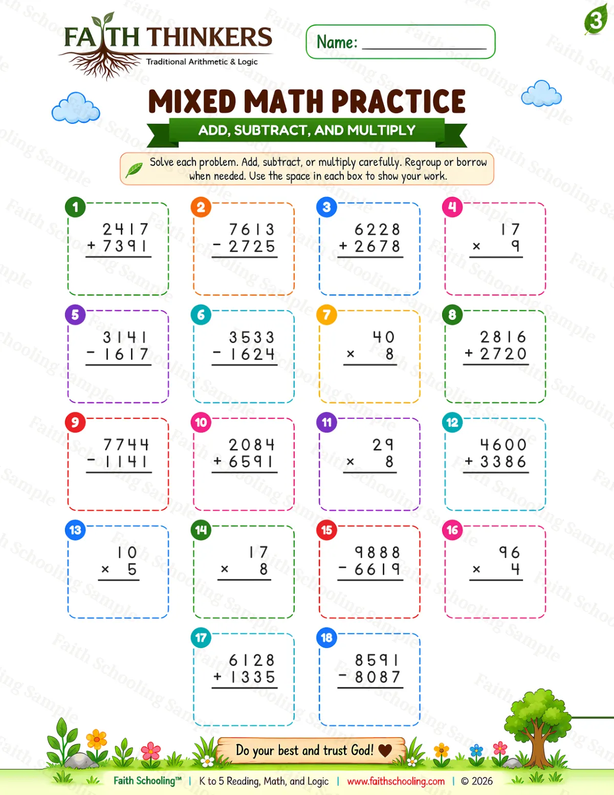 3rd Grade math worksheet — Summer Mixed Practice 1 (free printable)