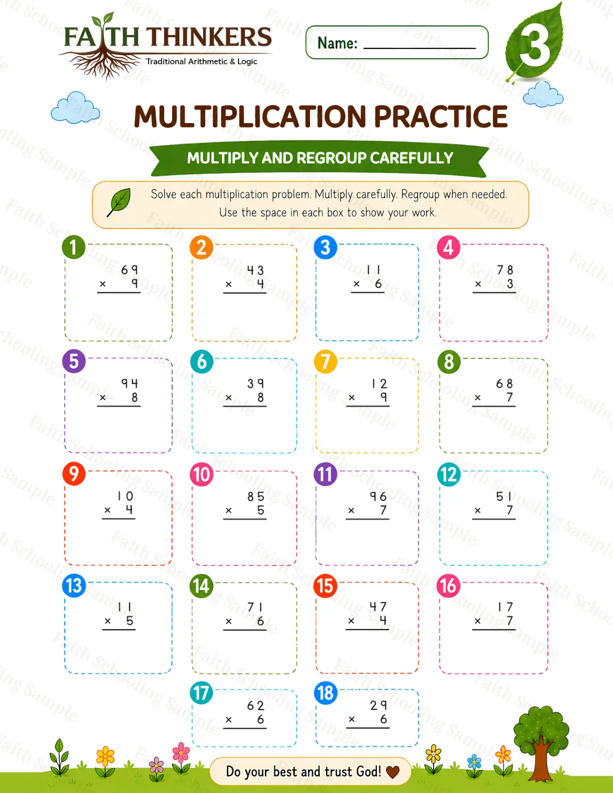 3rd Grade math worksheet — Summer Multiplication Practice 1 (free printable)