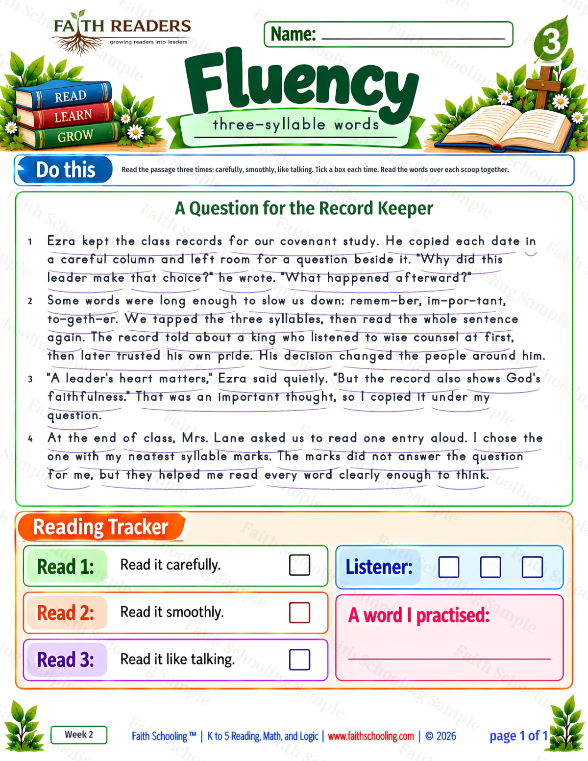 3rd Grade phonics worksheet — Syllables. Fluency 1: Ezra kept the class records for our covenant study. (free printable)