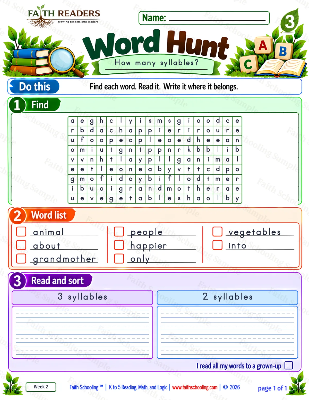 3rd Grade phonics worksheet — Word Hunt 1: words of 2 and 3 syllables (free printable)