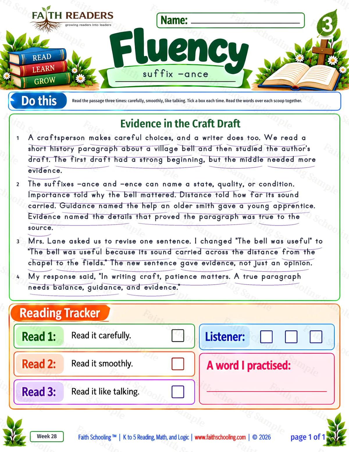 3rd Grade vocabulary & word study worksheet — The -ance and -ence Suffixes. Fluency 1: A craftsperson makes careful choices, and a writer does too. (free printable)