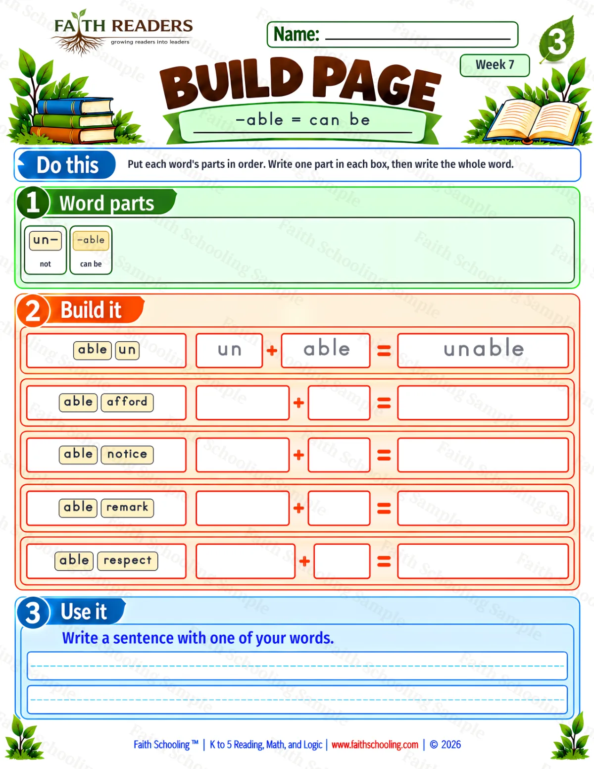 3rd Grade phonics worksheet — The -ble Family. Build 1: -able = can be (free printable)