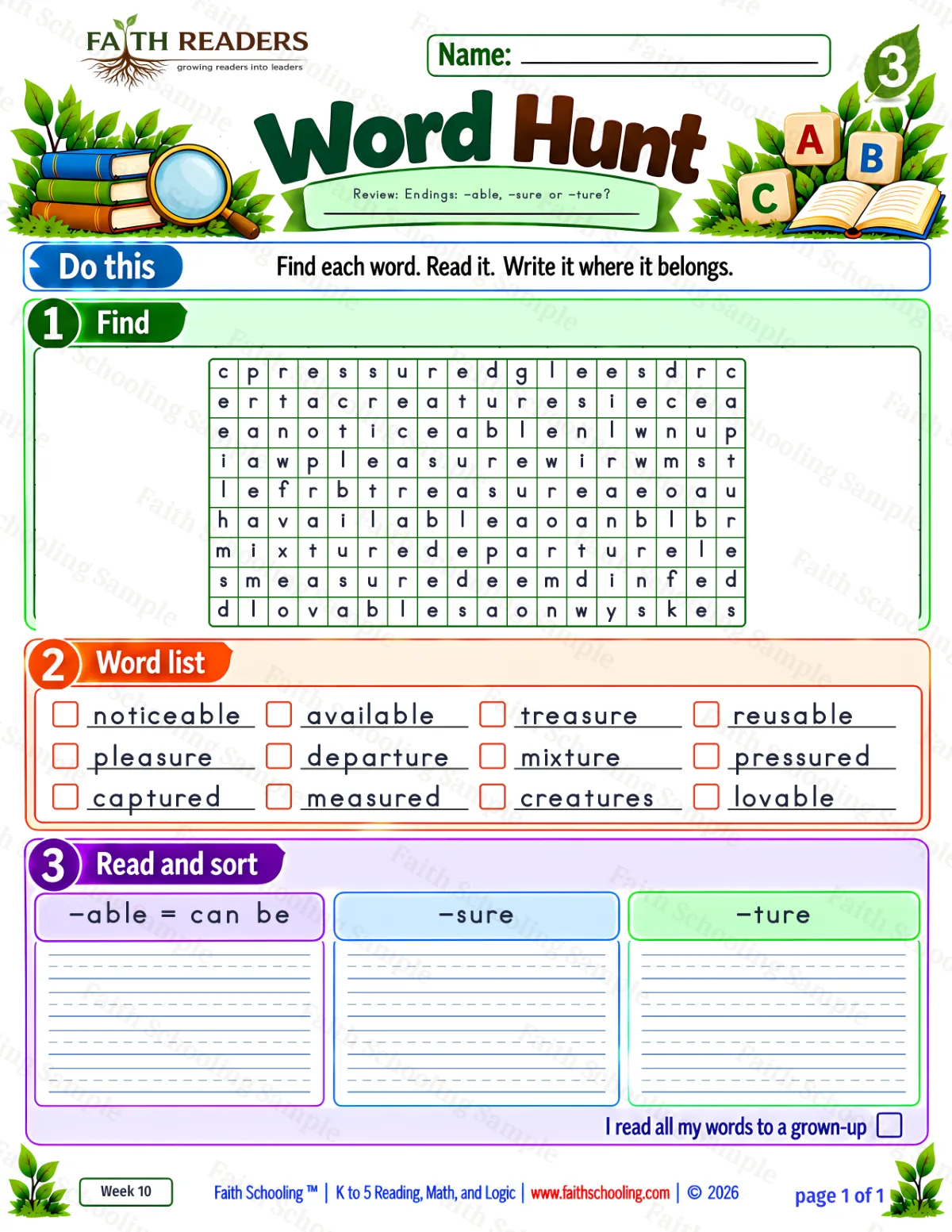 3rd Grade phonics worksheet — Word Hunt 1: The -ble Family (free printable)